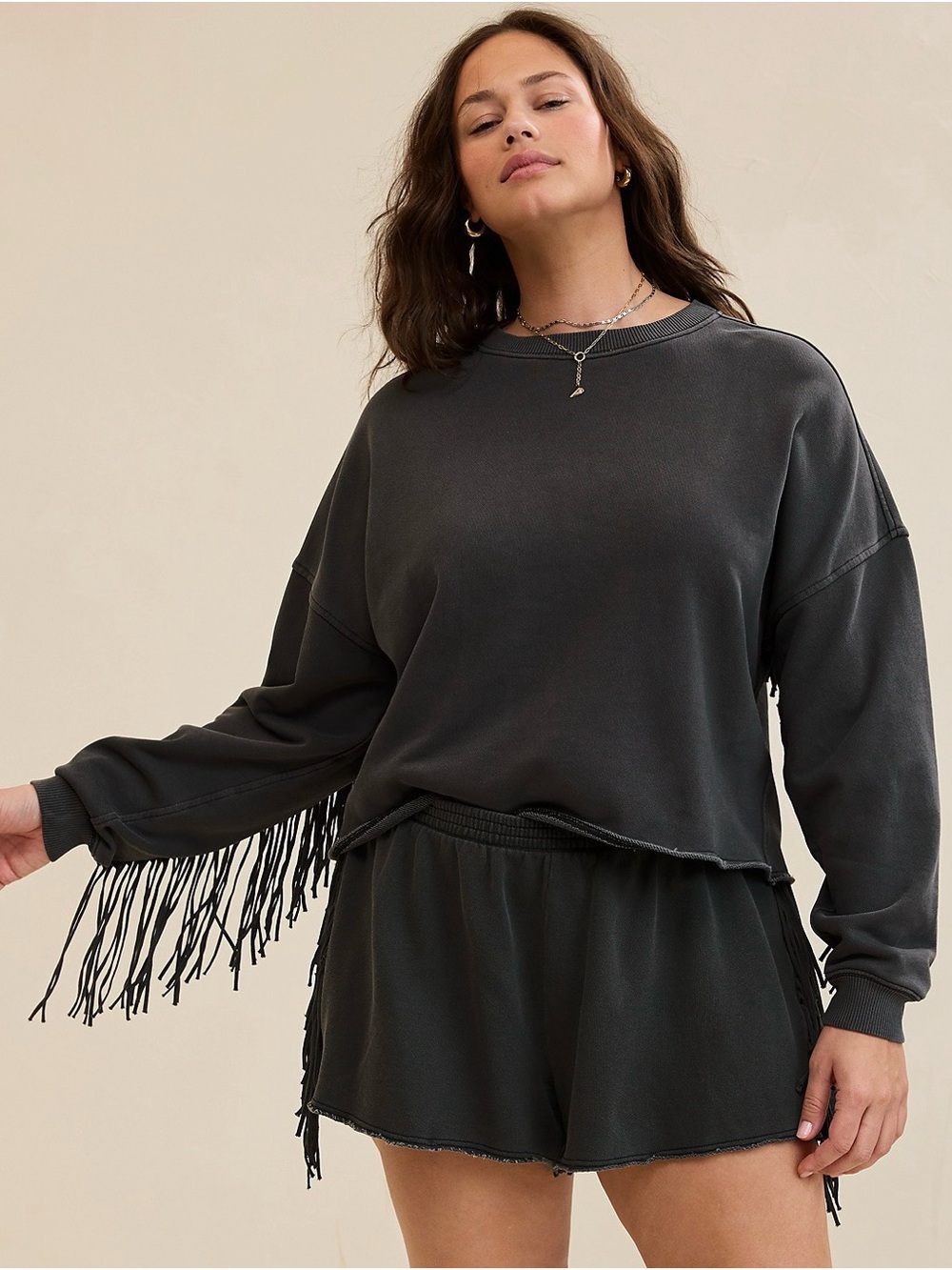 aerie Washed Charcoal Fringe-Sleeve Sweatshirt